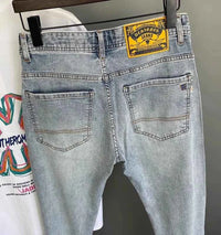 Men's Light Blue Embroidered Jeans – Slim Fit Vintage Washed Casual Pants