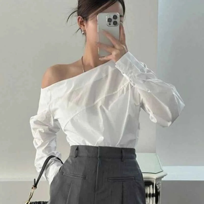 Women's Off Shoulder White Blouse – Elegant Long Sleeve Office Top