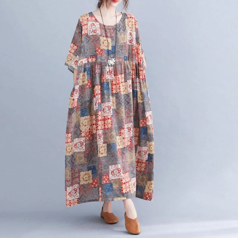 Women's Plus Size Bohemian Maxi Dress – Geometric Pattern Dress with Pockets