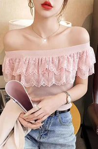 Women's Lace Ruffle Summer Blouse – Sweet Patchwork Knitted Tunic Top
