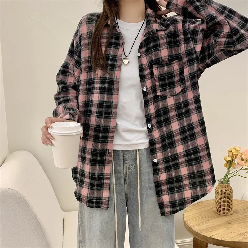 Women's Plaid Button Down Shirt Jacket– Long Sleeve Casual Check Top
