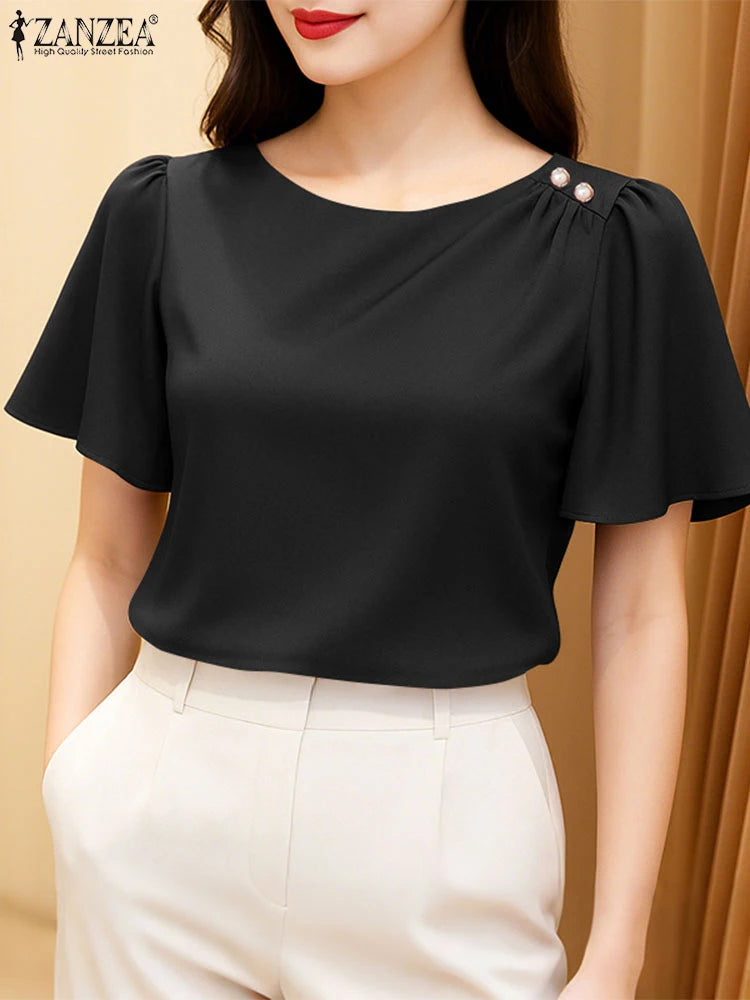 Women's Satin Office Blouse – Elegant Short Sleeve O-Neck Work Top 2025