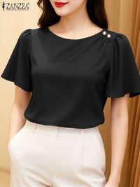 Women's Satin Office Blouse – Elegant Short Sleeve O-Neck Work Top 2025