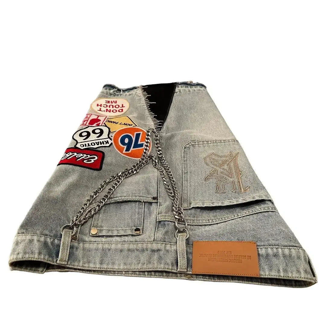 Harajuku style loose denim shorts with gothic pockets and cartoon design