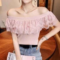 Women's Lace Ruffle Summer Blouse – Sweet Patchwork Knitted Tunic Top