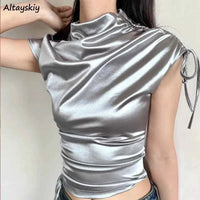 Women's Slim Fit Shirring T-Shirt Short Sleeve – Half Turtleneck Chic Streetwear Top
