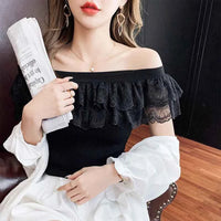 Women's Lace Ruffle Summer Blouse – Sweet Patchwork Knitted Tunic Top