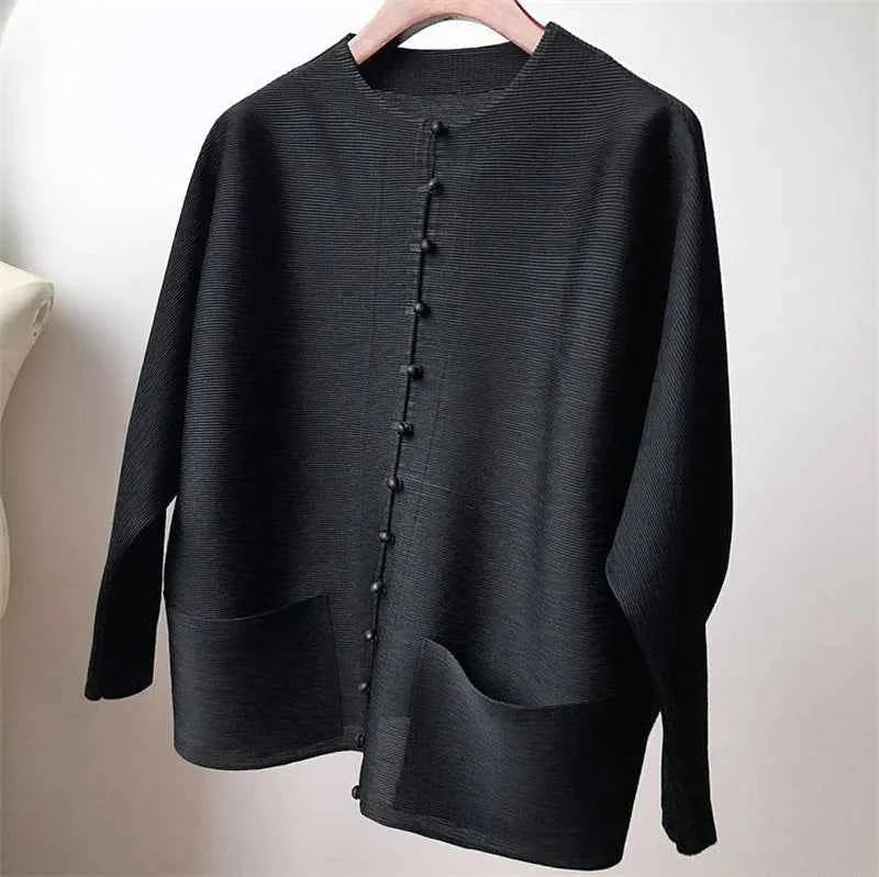 Women's Bat Sleeve Pleated T-Shirt Jacket – Loose Fit Single Breasted Top