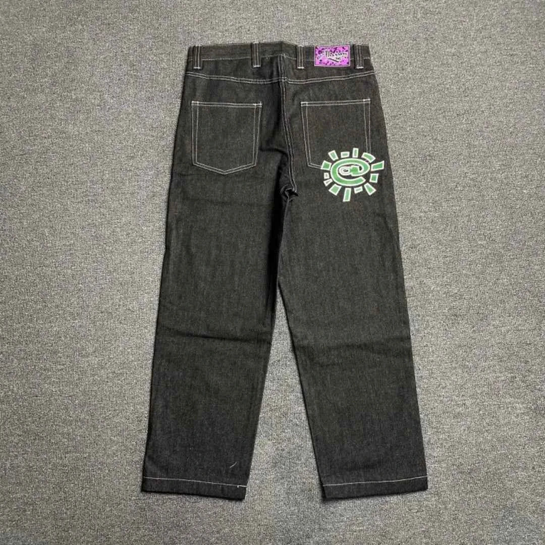 Men's Printed Embroidered Straight Jeans – Trendy Black Streetwear Denim Pants