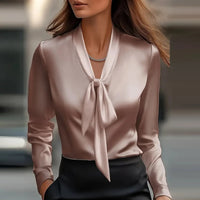 Women's Satin Long Sleeve Office Blouse – Elegant Solid Color Office Pullover