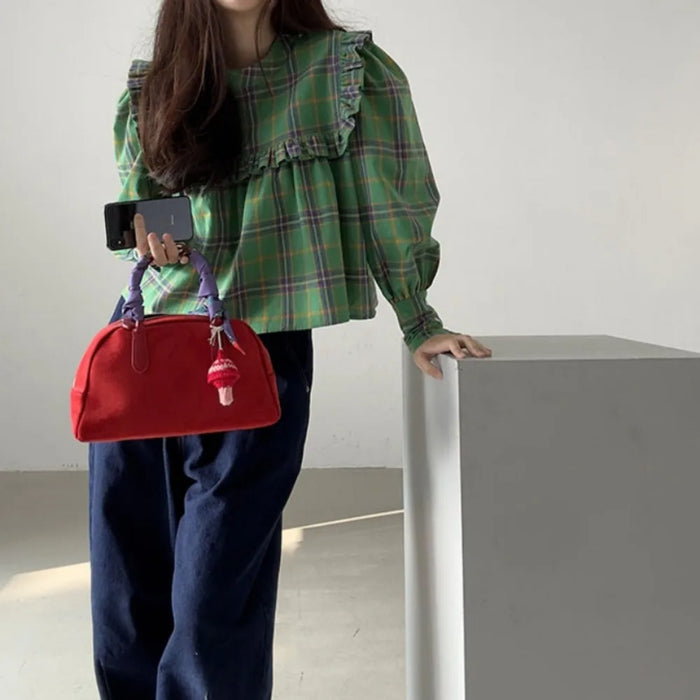 Women's Plaid Peter Pan Collar Blouse – Vintage Korean Chic Ruffle Shirt