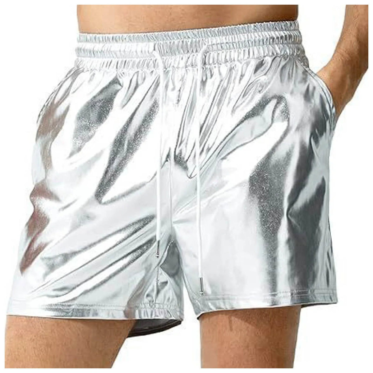 Men's Metallic Shiny Beach Shorts – Sparkly Elastic Waist Summer Hot Pants