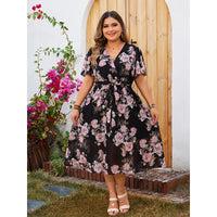 Women's Plus Size Floral V-Neck Dress – Elegant Bohemian A-Line Vacation Dress