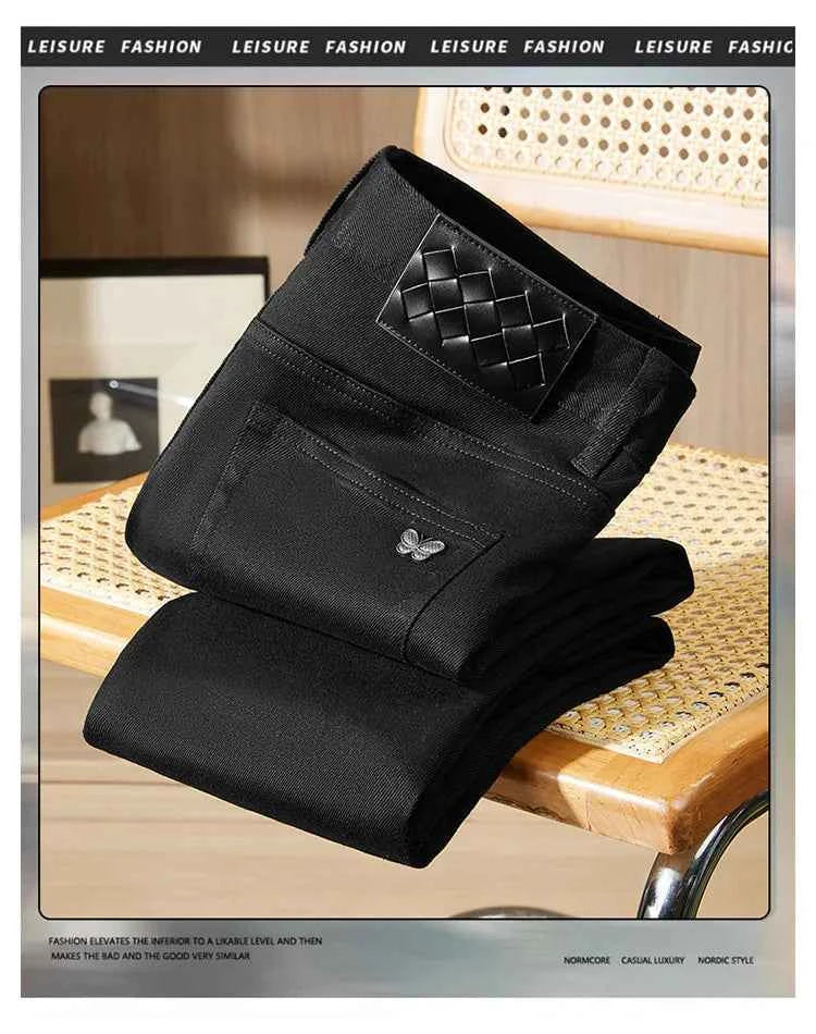 Men's Pure Black Slim Fit Jeans – Light Luxury Stretch Straight Leg Pants 2025