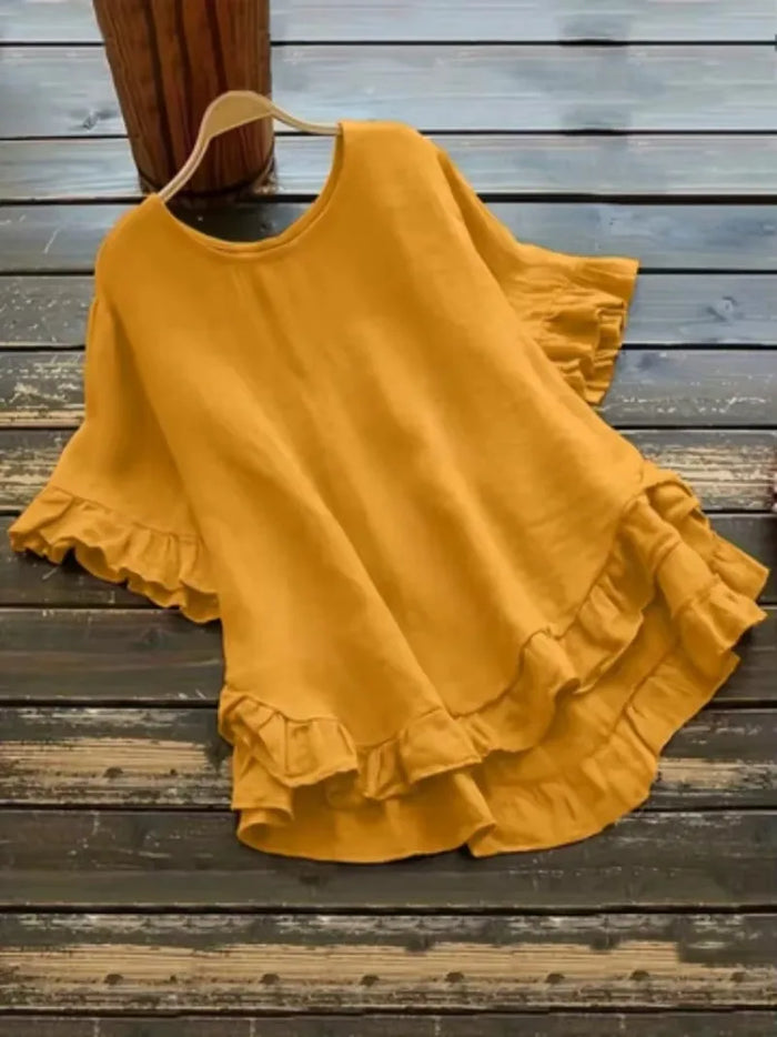 Women's Plus Size Ruffled Hem T-Shirt – Casual Short Sleeve Back Button Top