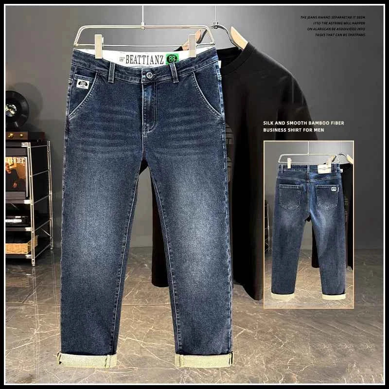 Men's Belted Straight Stretch Jeans – Korean Fashion Casual Denim Pants