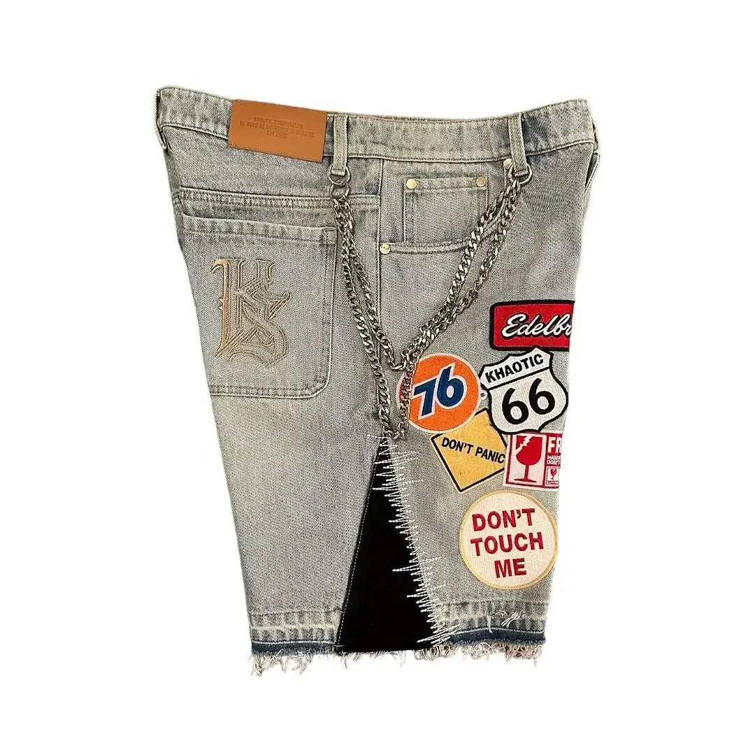 Harajuku style loose denim shorts with gothic pockets and cartoon design