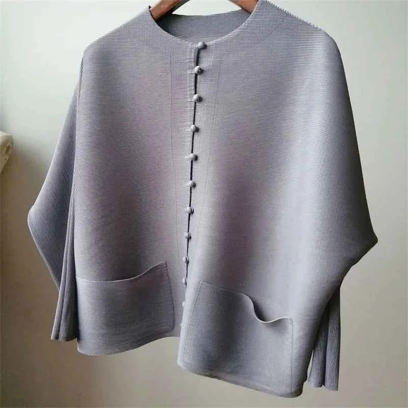Women's Bat Sleeve Pleated T-Shirt Jacket – Loose Fit Single Breasted Top