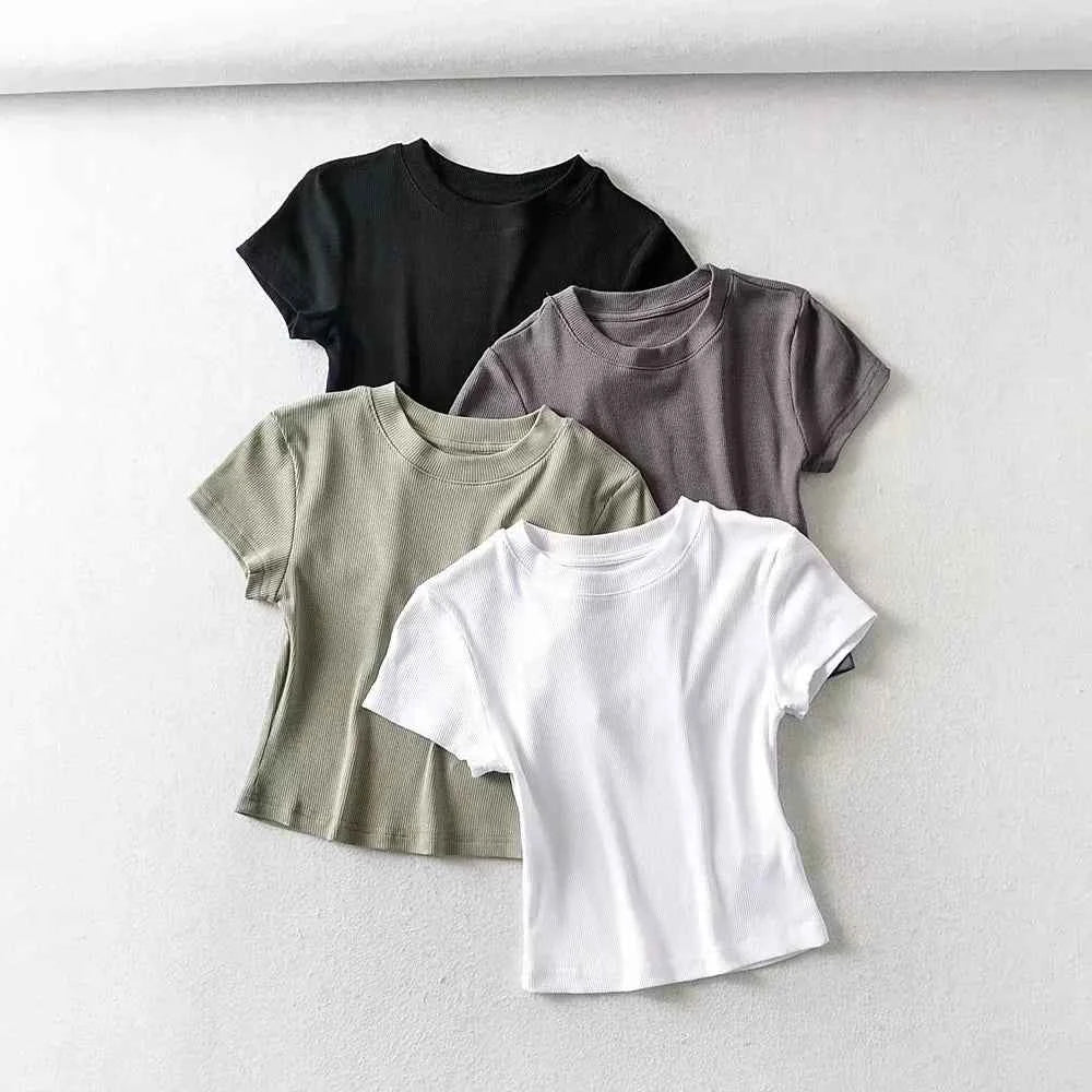 Summer Sexy Women O-neck Short-sleeve T-shirt Solid Color Basic Slim Elastic Skinny Crop Tops