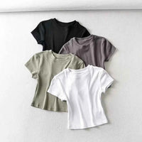 Summer Sexy Women O-neck Short-sleeve T-shirt Solid Color Basic Slim Elastic Skinny Crop Tops