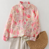Women's Floral Cotton Linen Shirt – French Artistic Print Long Sleeve Blouse