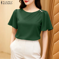 Women's Satin Office Blouse – Elegant Short Sleeve O-Neck Work Top 2025