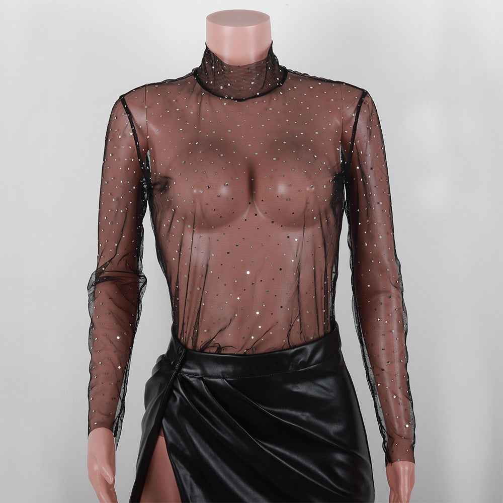 Women's Lace Mesh Sheer Crop Top – Rhinestone Turtleneck Long Sleeve Cover Up