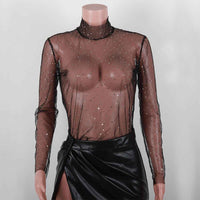 Women's Lace Mesh Sheer Crop Top – Rhinestone Turtleneck Long Sleeve Cover Up
