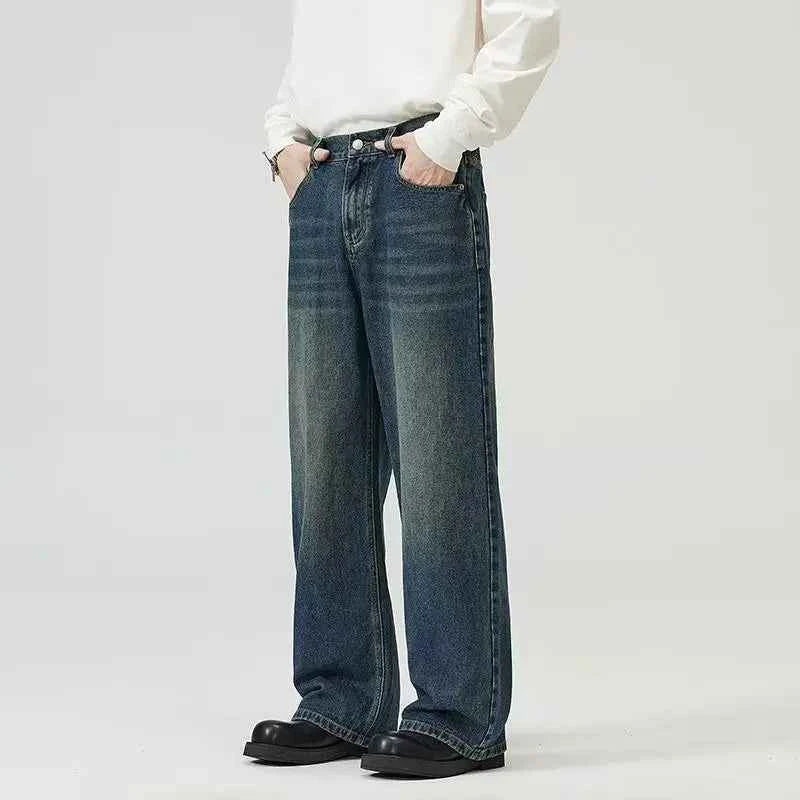 Men's Black Wide Leg Retro Jeans – Washed Loose Straight Cleanfit Denim Pants