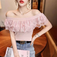 Women's Lace Ruffle Summer Blouse – Sweet Patchwork Knitted Tunic Top