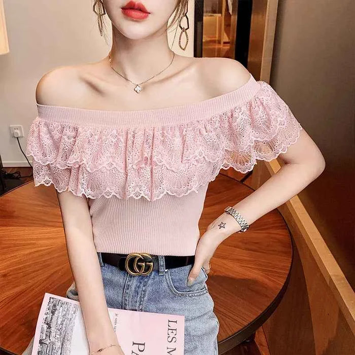 Women's Lace Ruffle Summer Blouse – Sweet Patchwork Knitted Tunic Top
