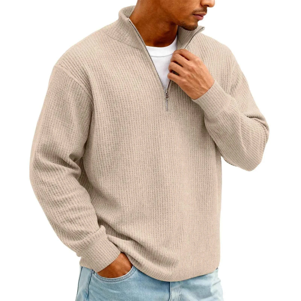 Men's Waffle Long Sleeve Polo T-Shirt – Casual Loose Fit Zipper Collar Sweatshirt