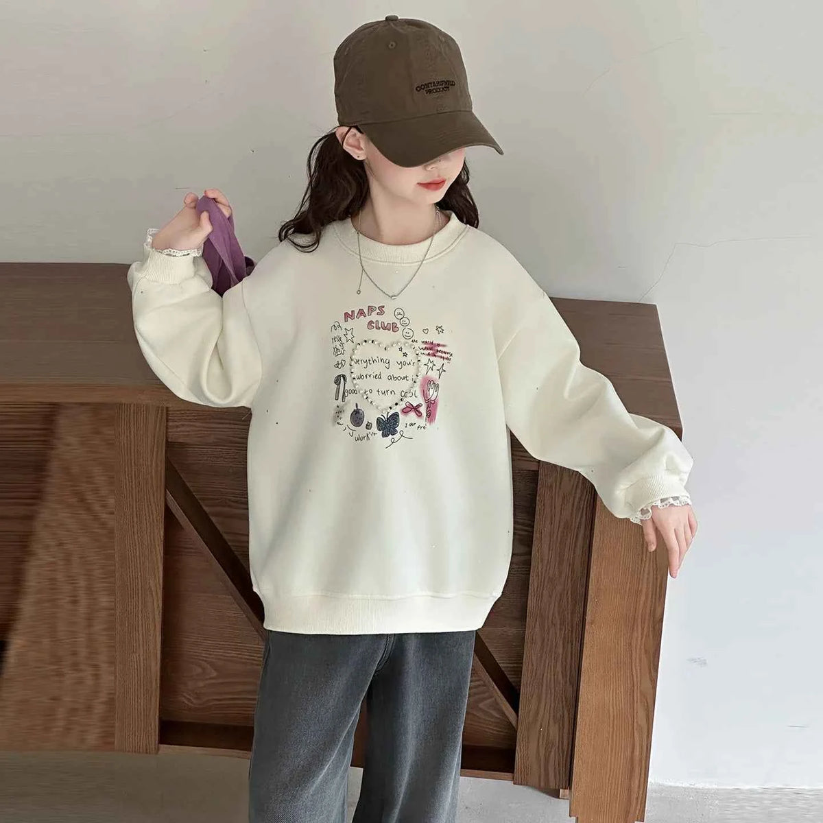 Girls Heart Pearl Sweatshirt – Kids Long Sleeve Casual Fashion Hoodie