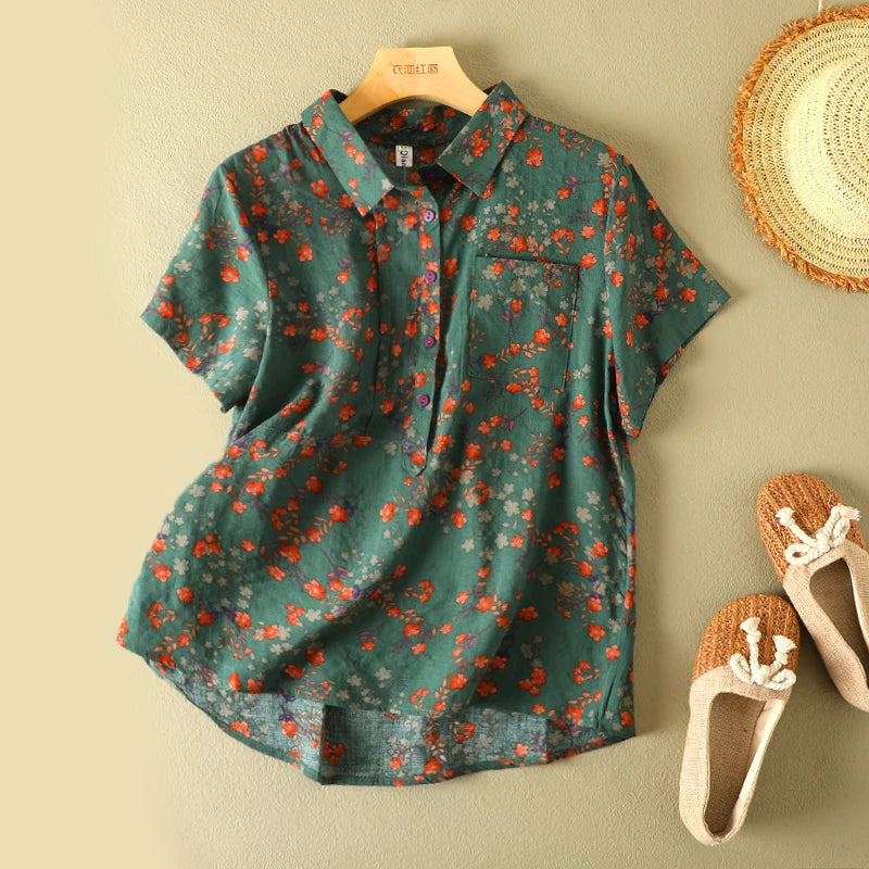 Women's Vintage Floral Print Blouse – Loose Short Sleeve Casual Summer Top