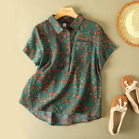 Women's Vintage Floral Print Blouse – Loose Short Sleeve Casual Summer Top