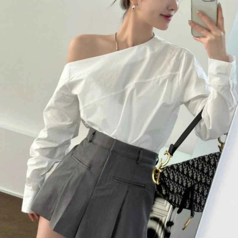 Women's Off Shoulder White Blouse – Elegant Long Sleeve Office Top