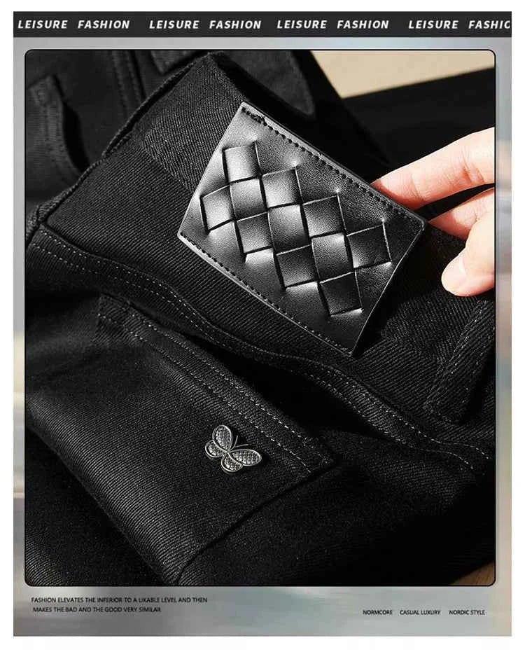 Men's Pure Black Slim Fit Jeans – Light Luxury Stretch Straight Leg Pants 2025