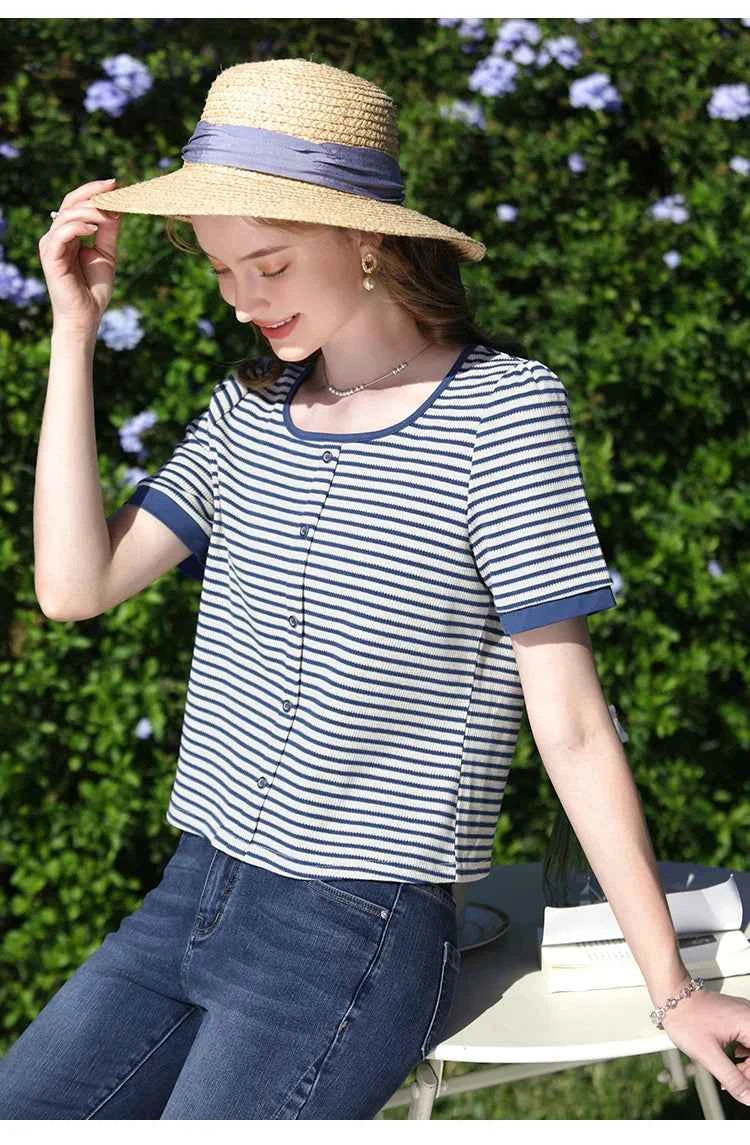 I BELIEVE YOU Women's Striped Slim Knit Top – Casual Retro Summer Round Neck Tee