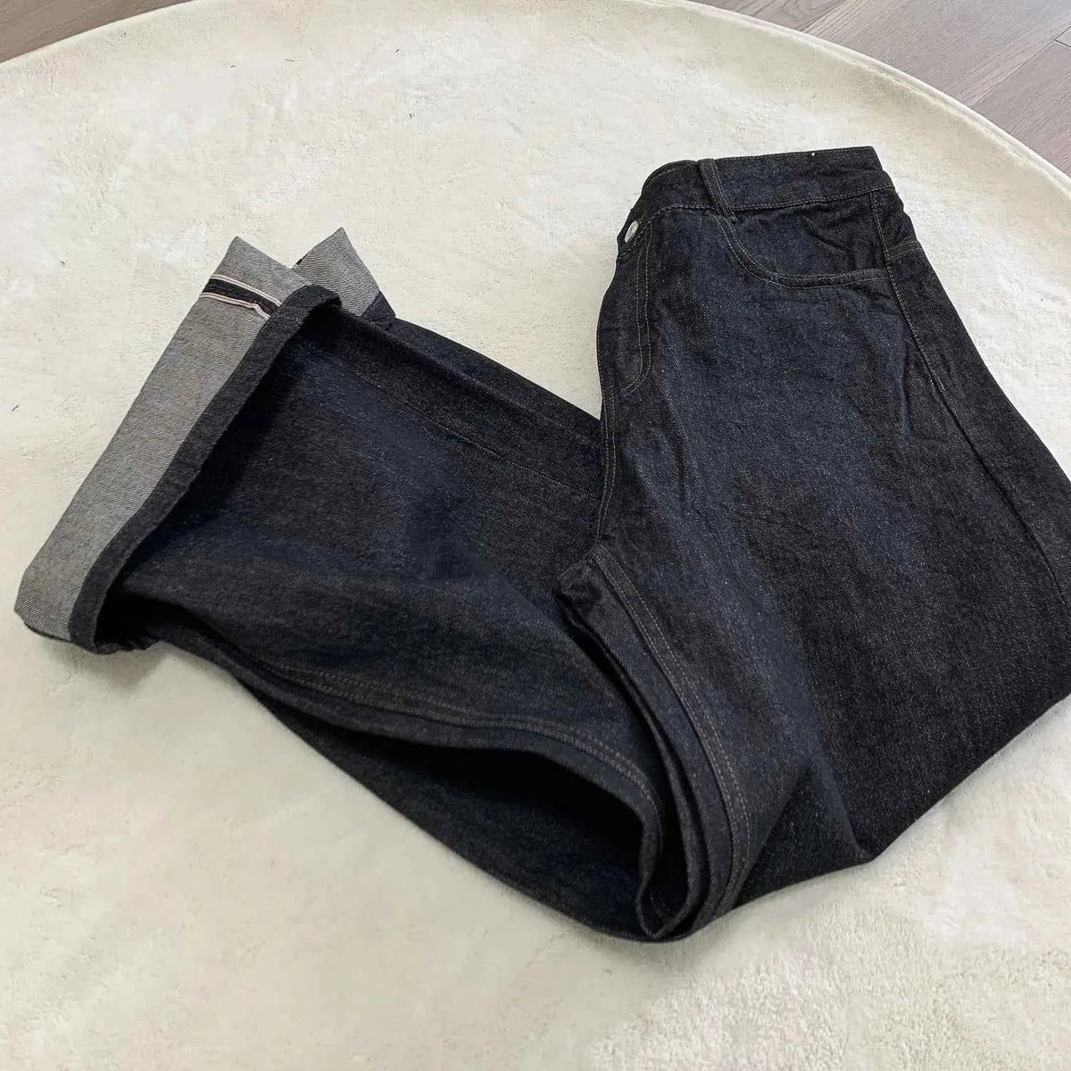 Men's Black Red Selvedge Jeans – Raw Denim Wide Leg Micro Flare Pants