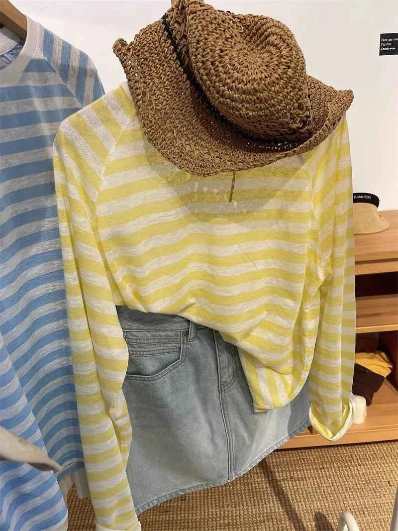 Women's Striped Loose Fit Summer T-Shirt – Trendy Korean Style Sun-Proof Summer Top