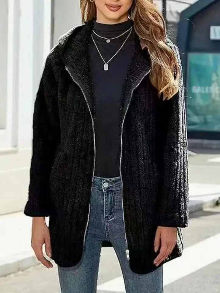 Women's Plus Size Teddy Zip Coat – Warm Hooded Winter Jacket with Pockets