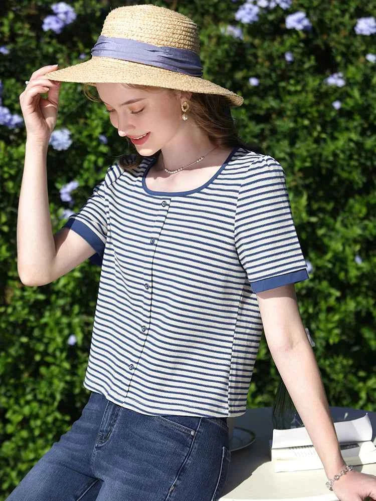I BELIEVE YOU Women's Striped Slim Knit Top – Casual Retro Summer Round Neck Tee