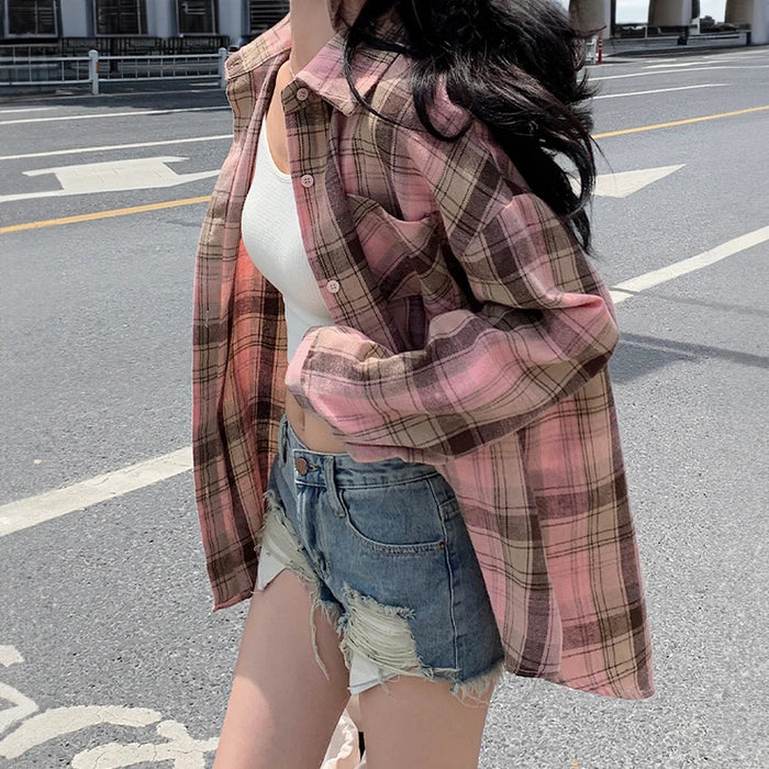 Women's Plaid Button Down Shirt Jacket– Long Sleeve Casual Check Top