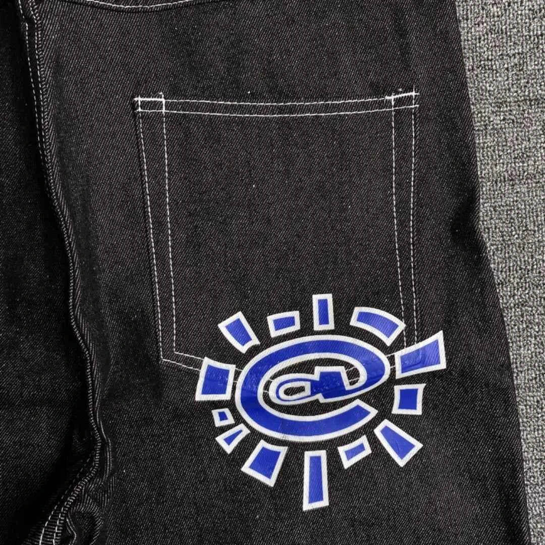 Men's Printed Embroidered Straight Jeans – Trendy Black Streetwear Denim Pants