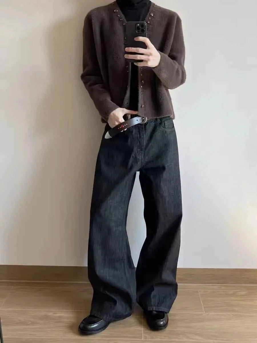 Men's Black Red Selvedge Jeans – Raw Denim Wide Leg Micro Flare Pants