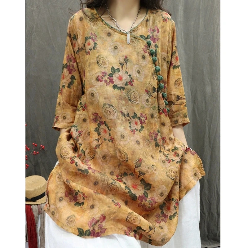 Women's Artistic Retro Print Dress Shirt – Casual Loose Mid-Length V-Neck Top