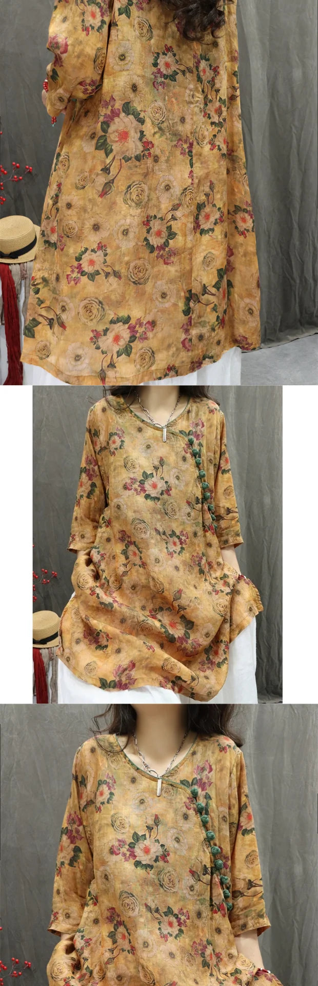 Women's Artistic Retro Print Dress Shirt – Casual Loose Mid-Length V-Neck Top