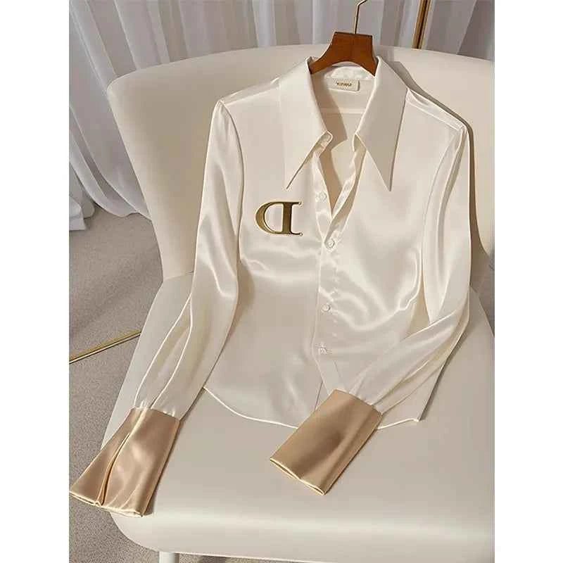 Women's Acetate Satin White Shirt – High-End Western Style Elegant Blouse