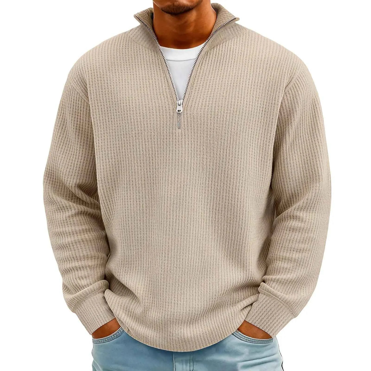 Men's Waffle Long Sleeve Polo T-Shirt – Casual Loose Fit Zipper Collar Sweatshirt