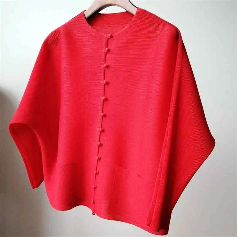 Women's Bat Sleeve Pleated T-Shirt Jacket – Loose Fit Single Breasted Top
